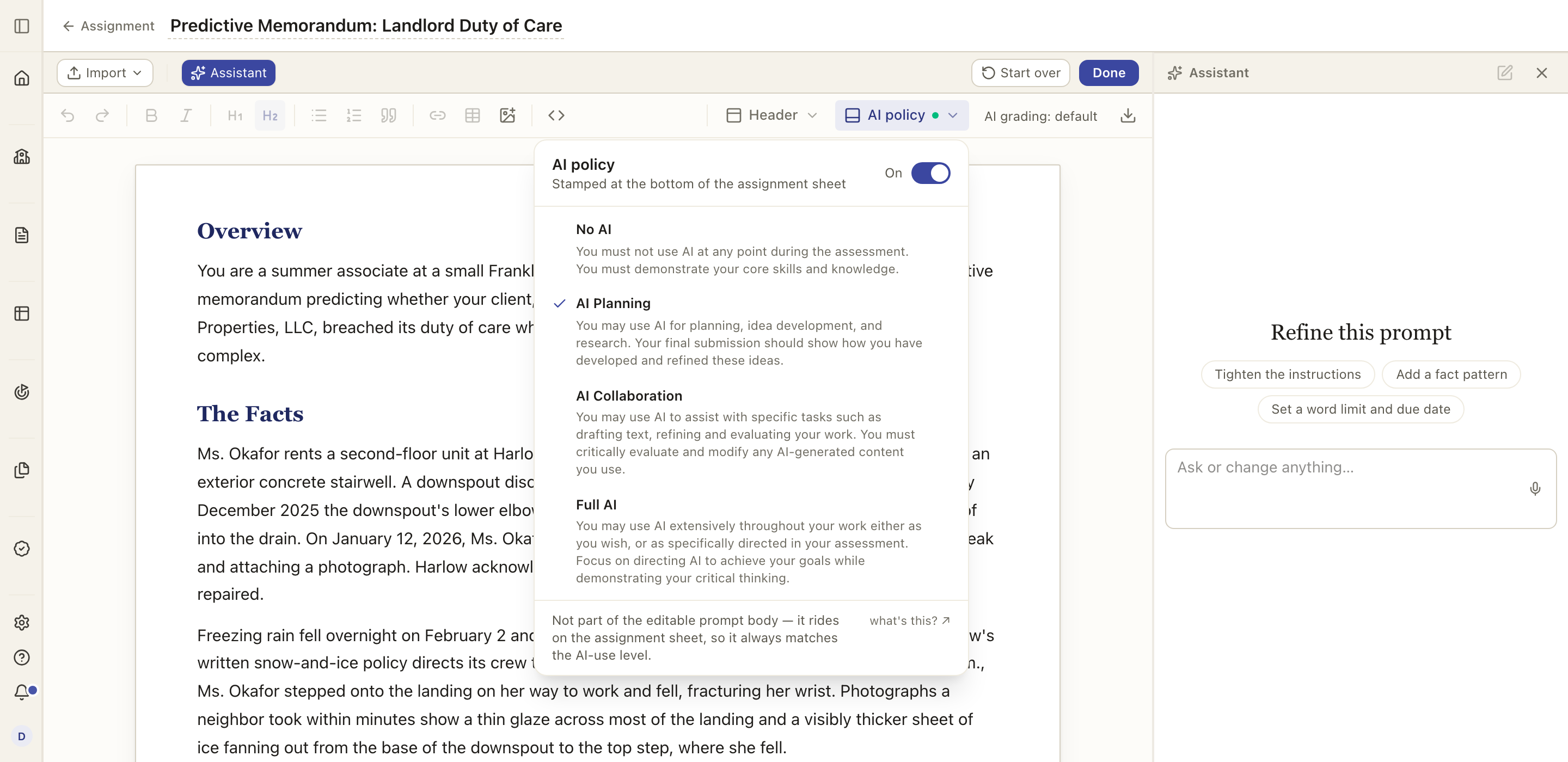 The AI-use control on an assignment, with the four levels: No AI, AI Planning, AI Collaboration, and Full AI.