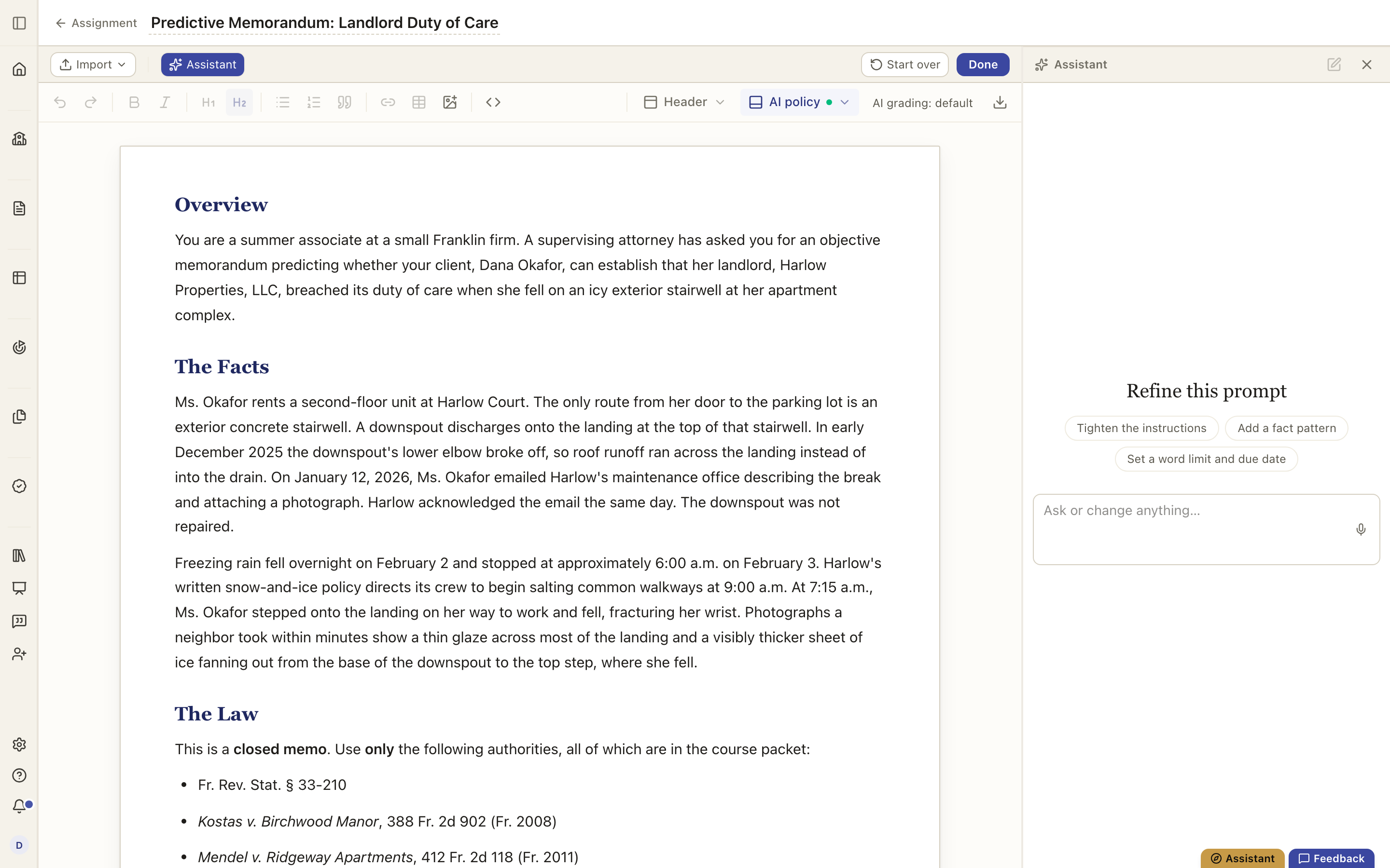 The assignment builder: the prompt on the left, the assistant on the right, and the Import and stamp controls in the toolbar.