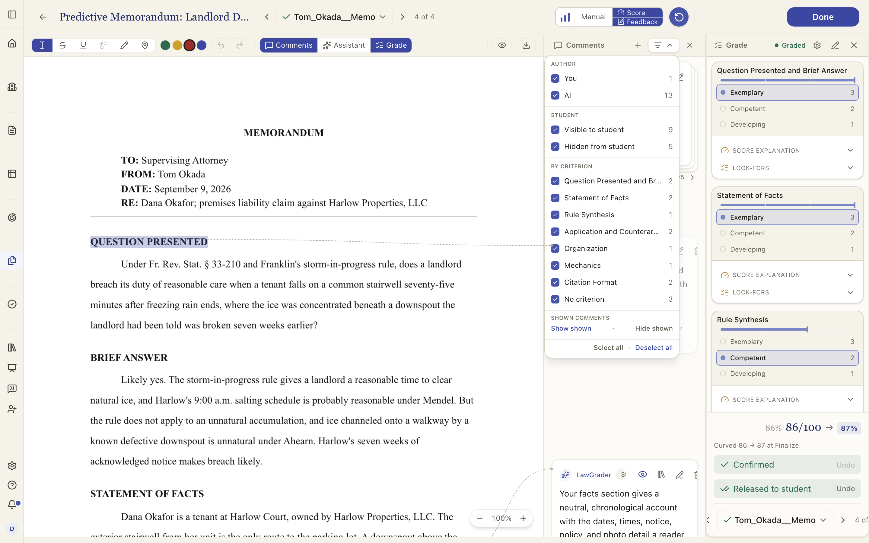 The comment filter: by author, by whether the student will see it, and by criterion, with counts.