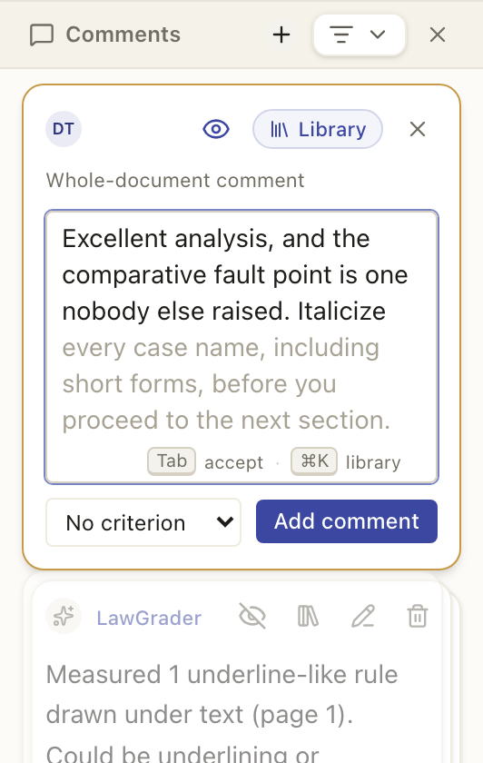 The composer with a comment half typed; the rest of the sentence waits in lighter type, and the hint under it reads Tab accept.