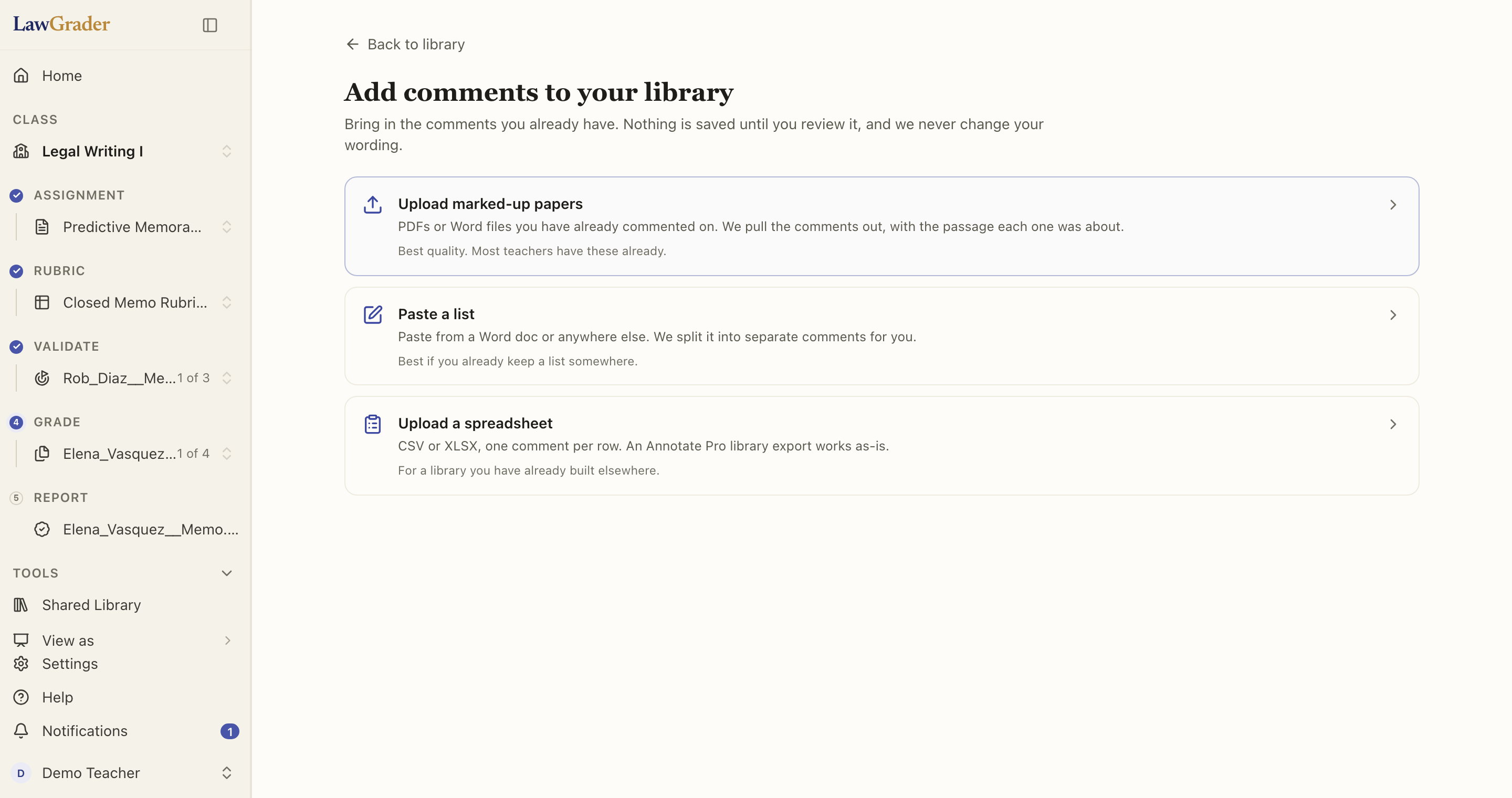 Add comments to your library: marked-up papers, a pasted list, or a spreadsheet.