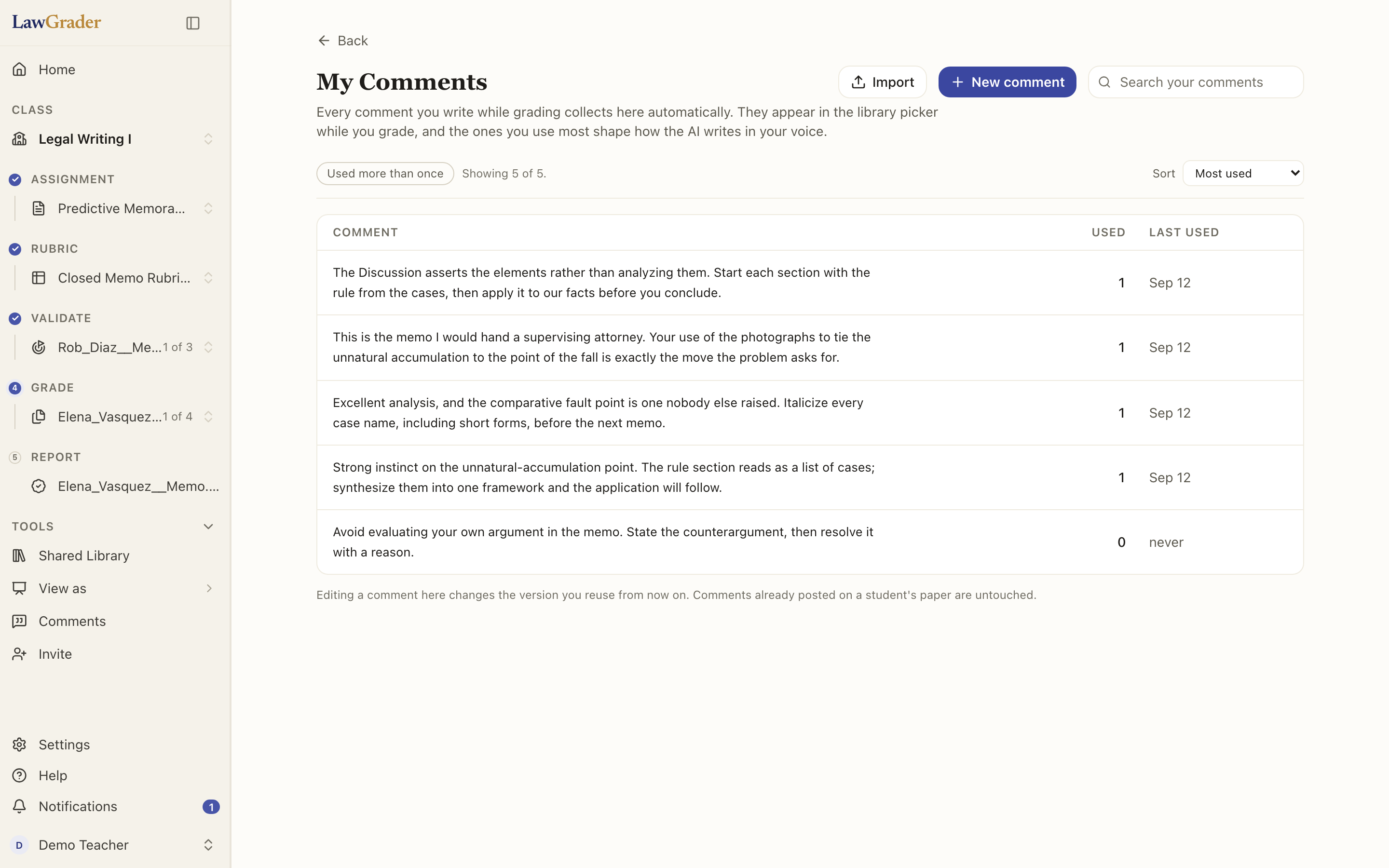 The comment library page: every comment with its use count and last use, sortable, with Import and New comment.