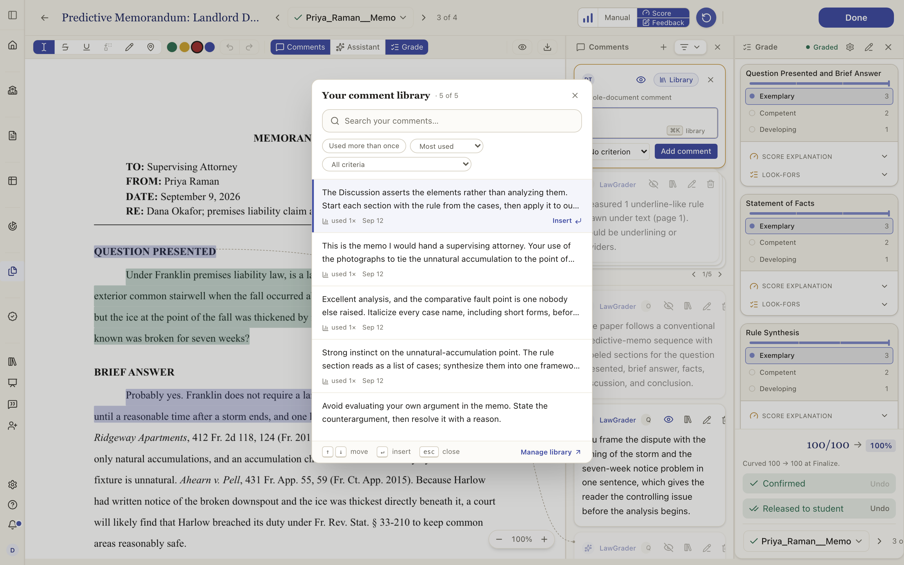 The comment library open from the composer: search, filters, each entry with how often it has been used, and Insert.