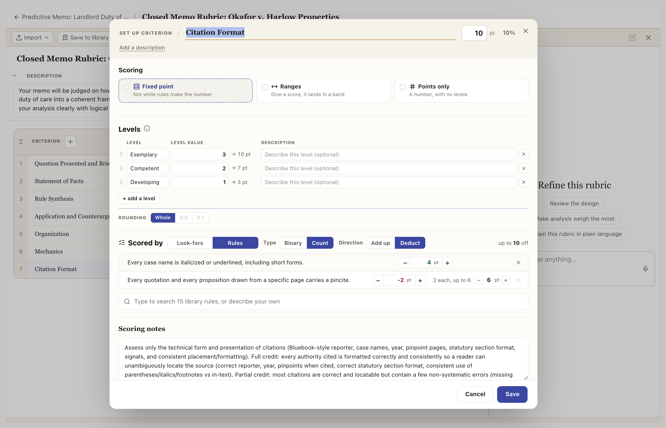 Set up criterion on a rules-scored criterion: Scored by Rules, a Type and a Direction chosen, and each rule with its worth.
