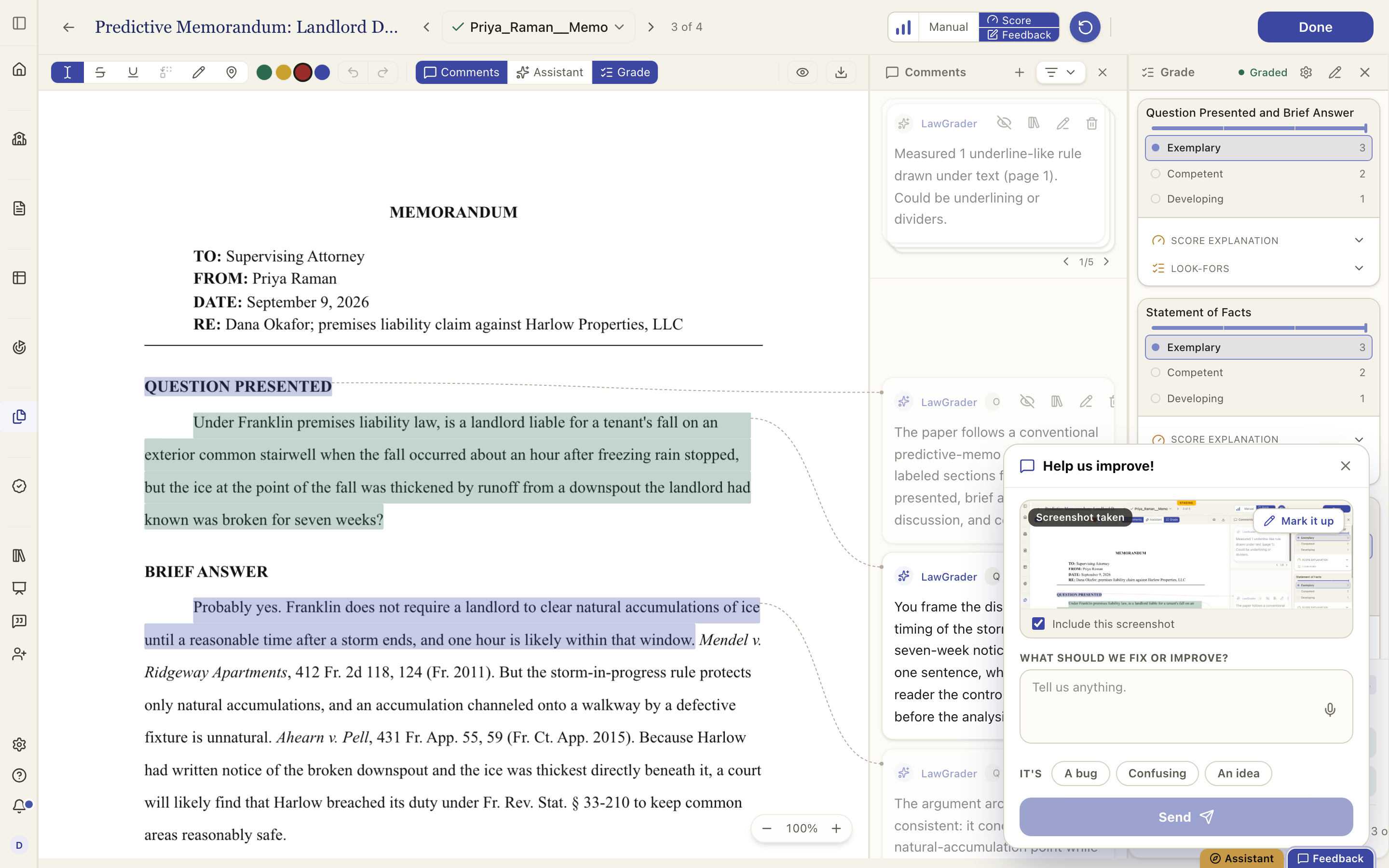The Feedback panel, open over the grading page, with the screenshot it captured ready to mark up.