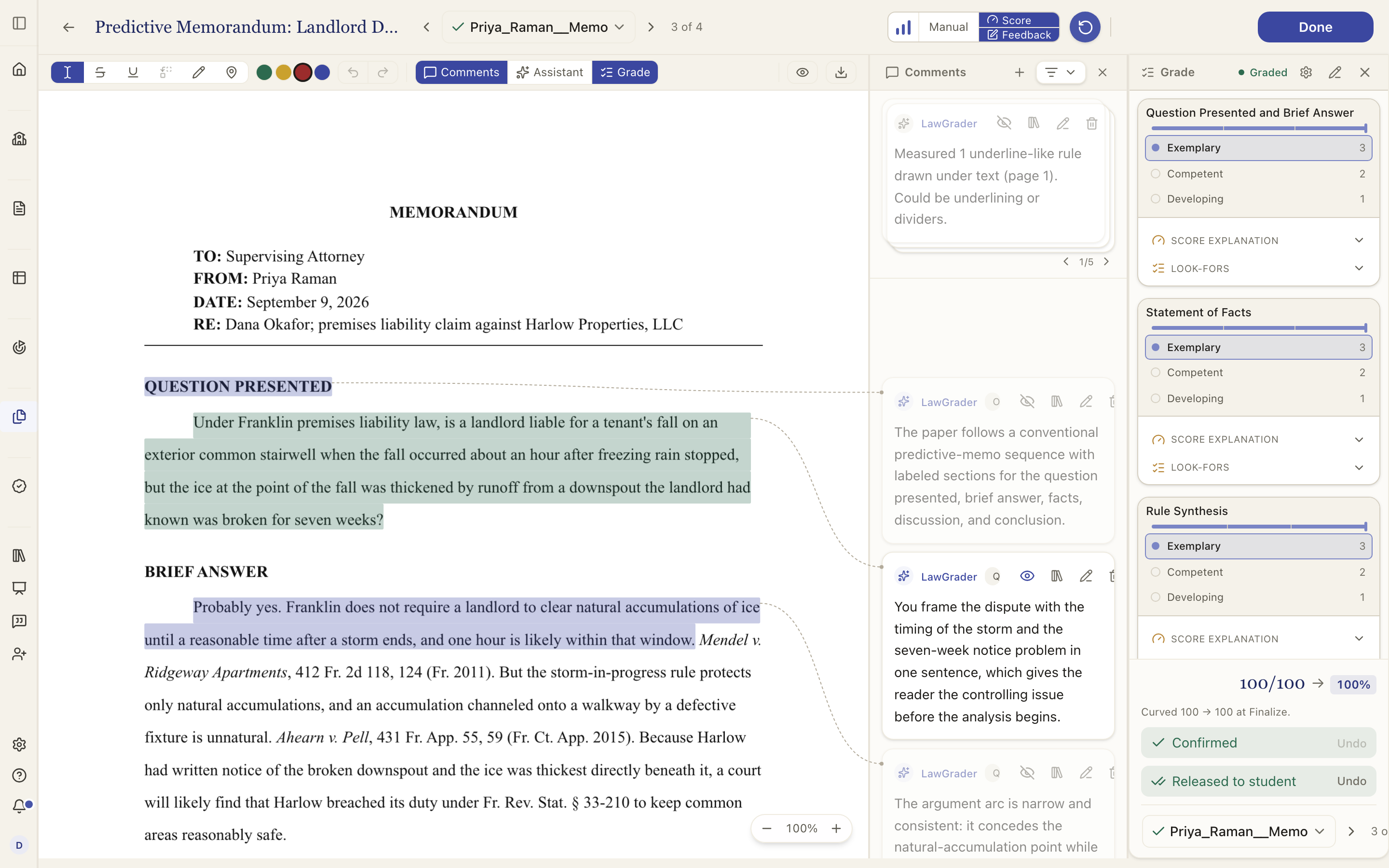 The grading page: the paper with its highlights, the Comments column, and the Grade rail, with the pen tools across the top.