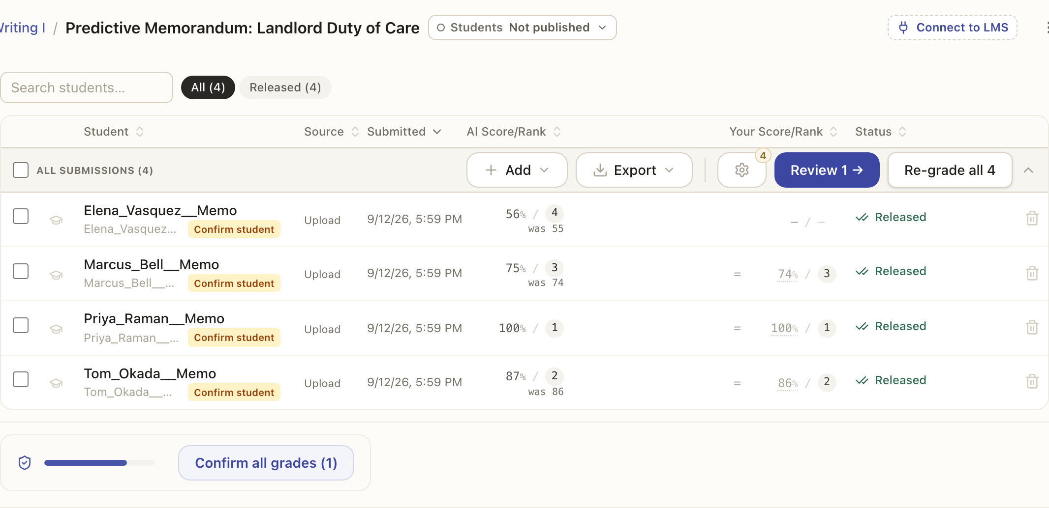 The Grade step: the paper list with its status chips, and the bar that grades, reviews and re-grades the set.