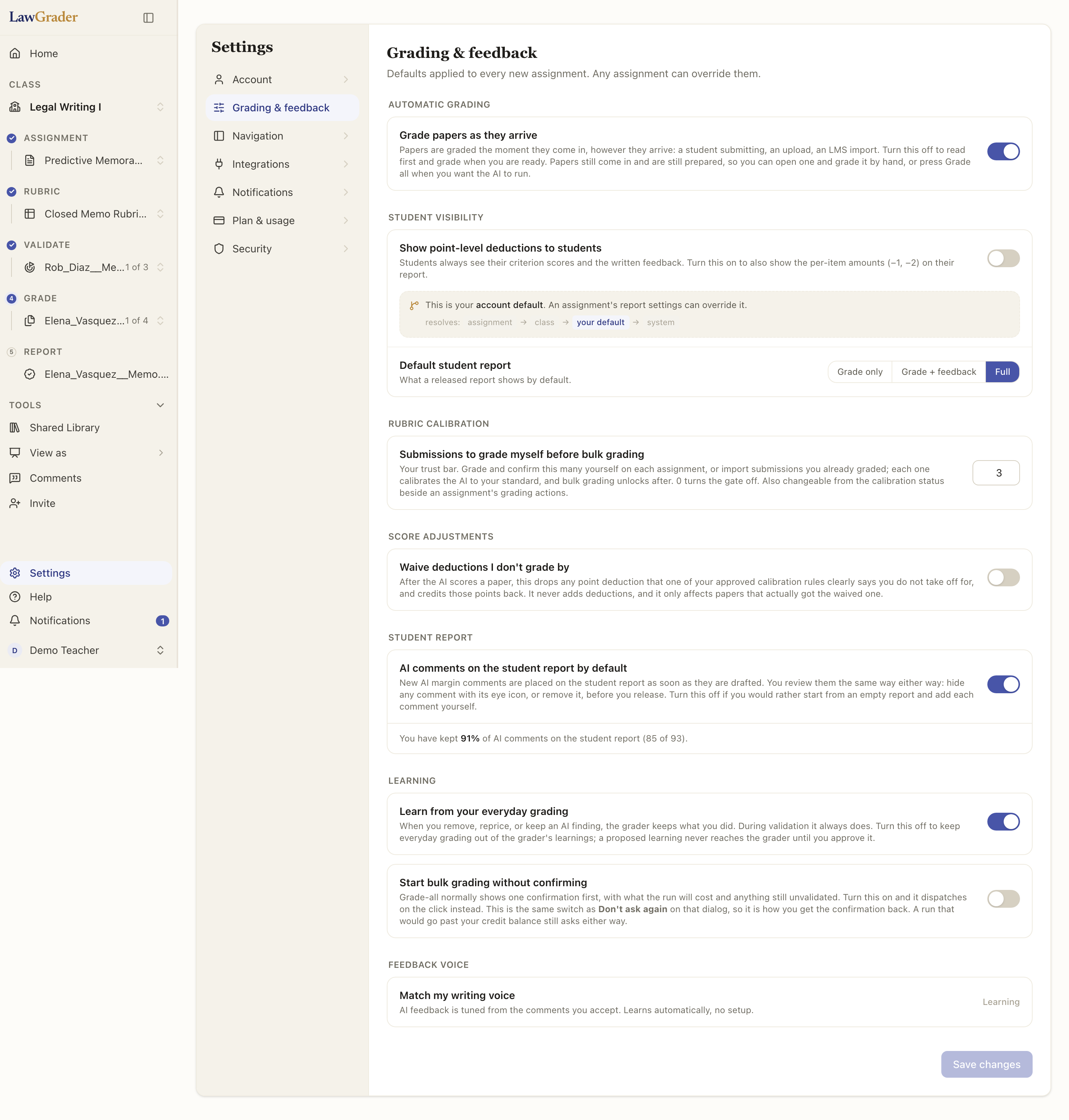 Settings, then Grading & feedback: the defaults every assignment starts from, including whether papers are graded as they arrive.