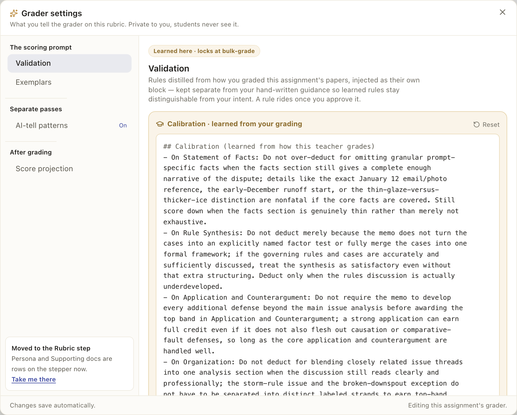 Grader settings, Validation: the rules learned from your confirmed papers, each with the evidence behind it, ready to approve or dismiss.