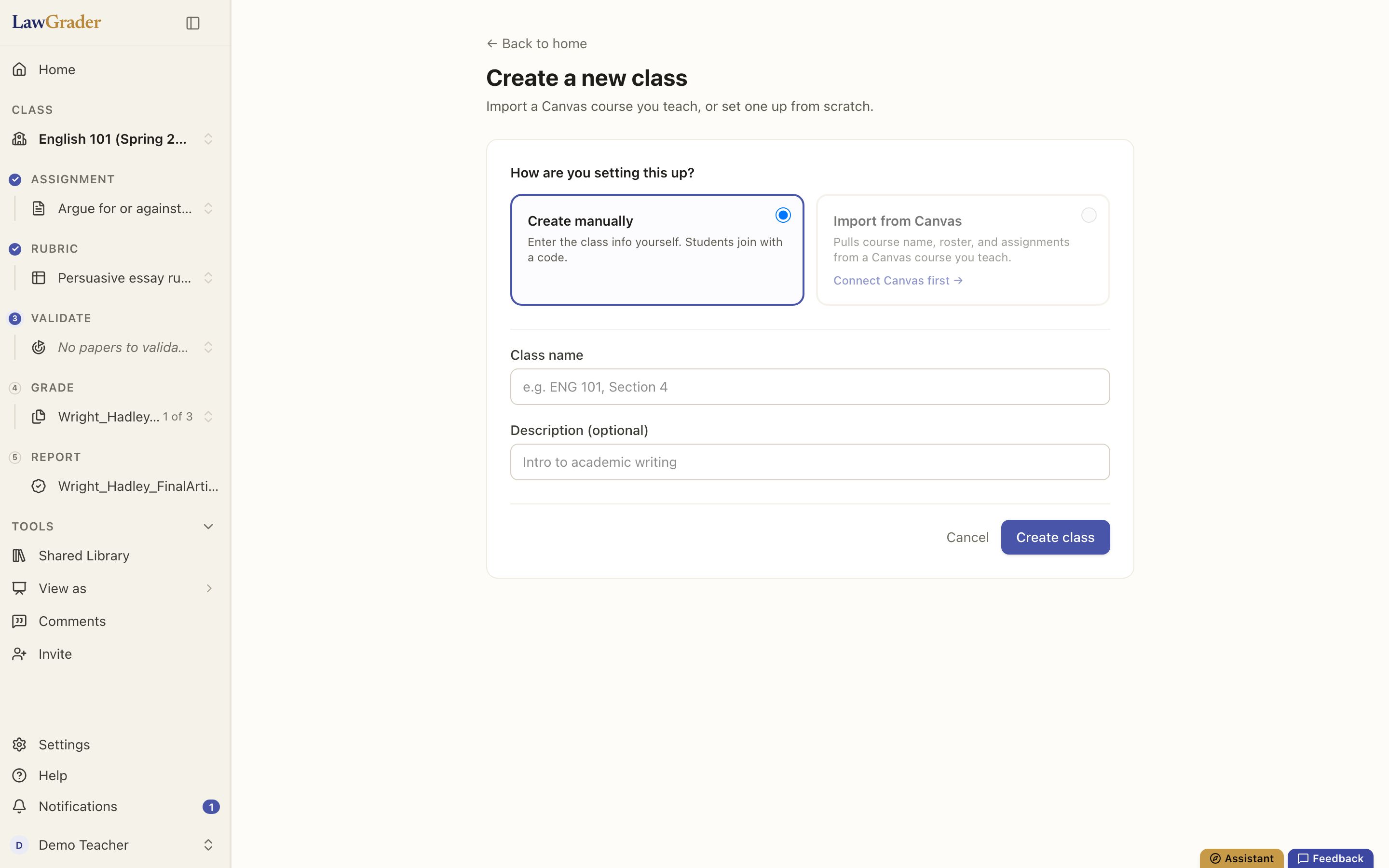 Creating a new class: enter the details yourself, or import a course you already teach.