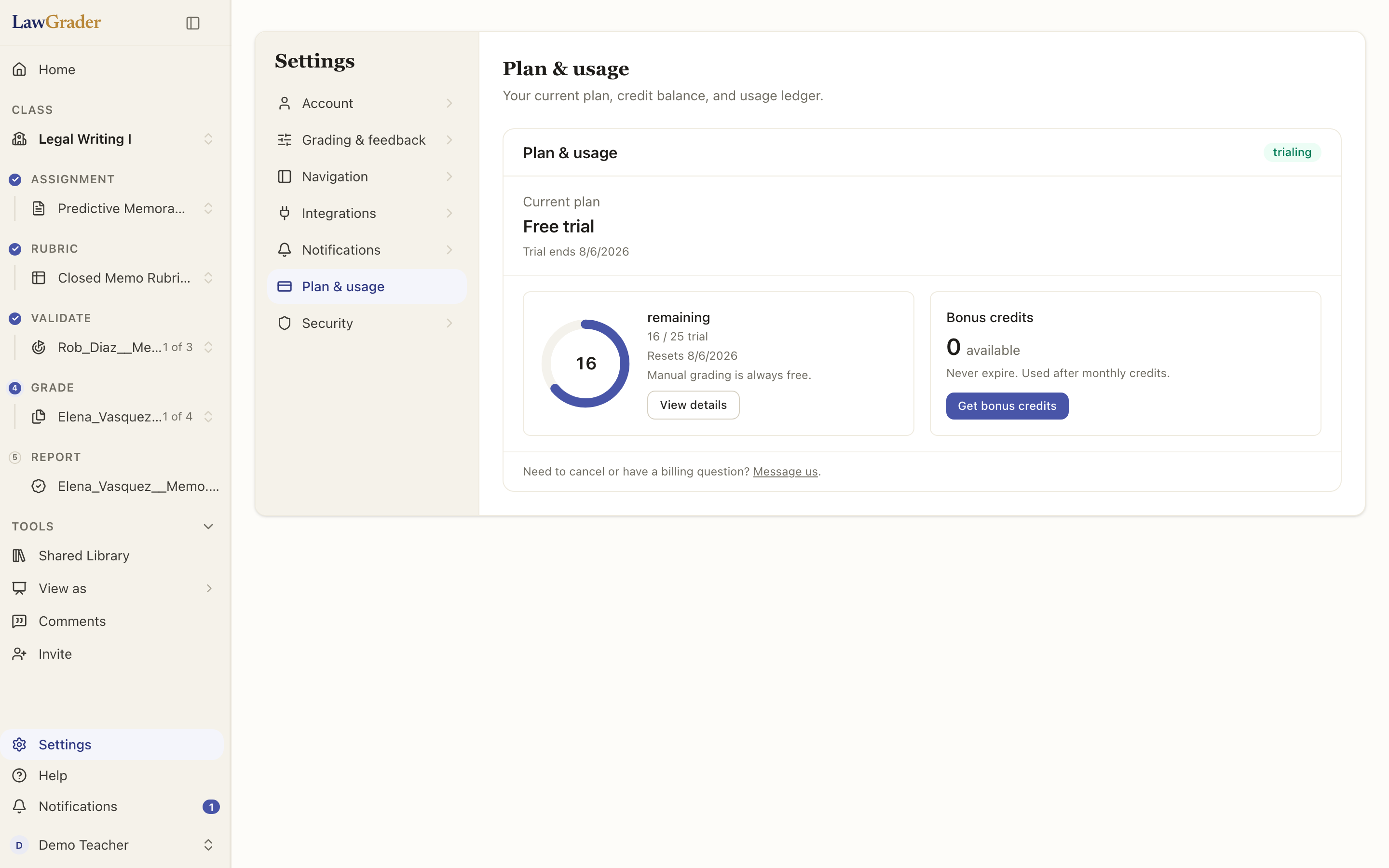 Settings, then Plan & usage: the current plan, credits remaining this period, and bonus credits.