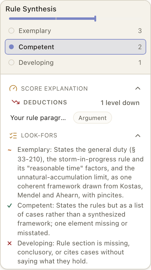 A criterion card opened: Score explanation with its deductions, and the look-fors with a mark against each.