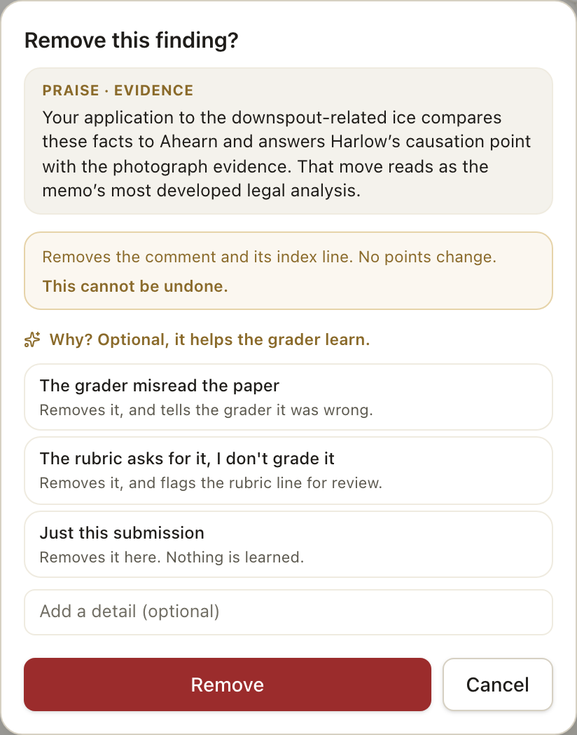 Remove this finding: the ways to say why, each with what it teaches the grader.