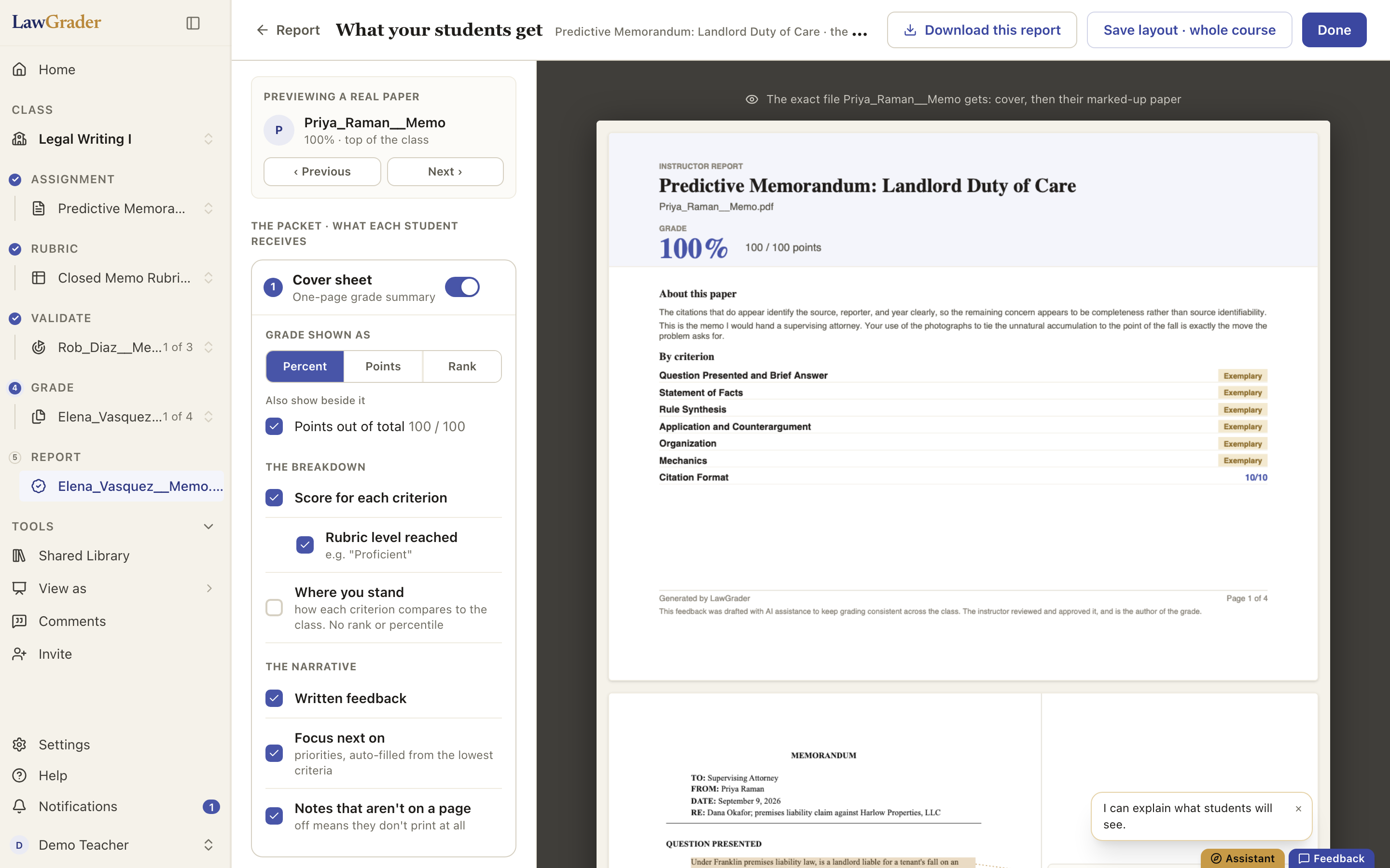 The report builder: the packet's three parts down the left, the student's actual report previewed on the right.