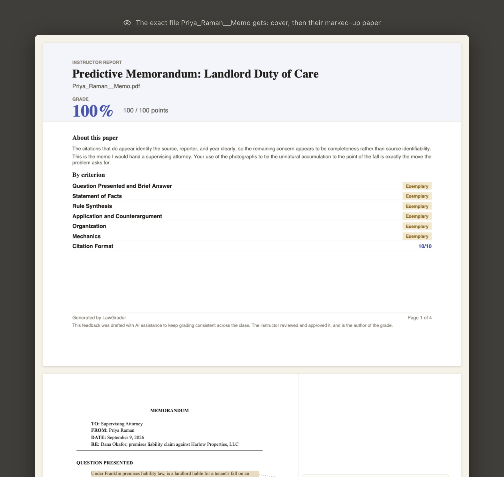 A released report: the cover sheet with the grade and the scores by criterion, then the paper with the feedback in the margins.