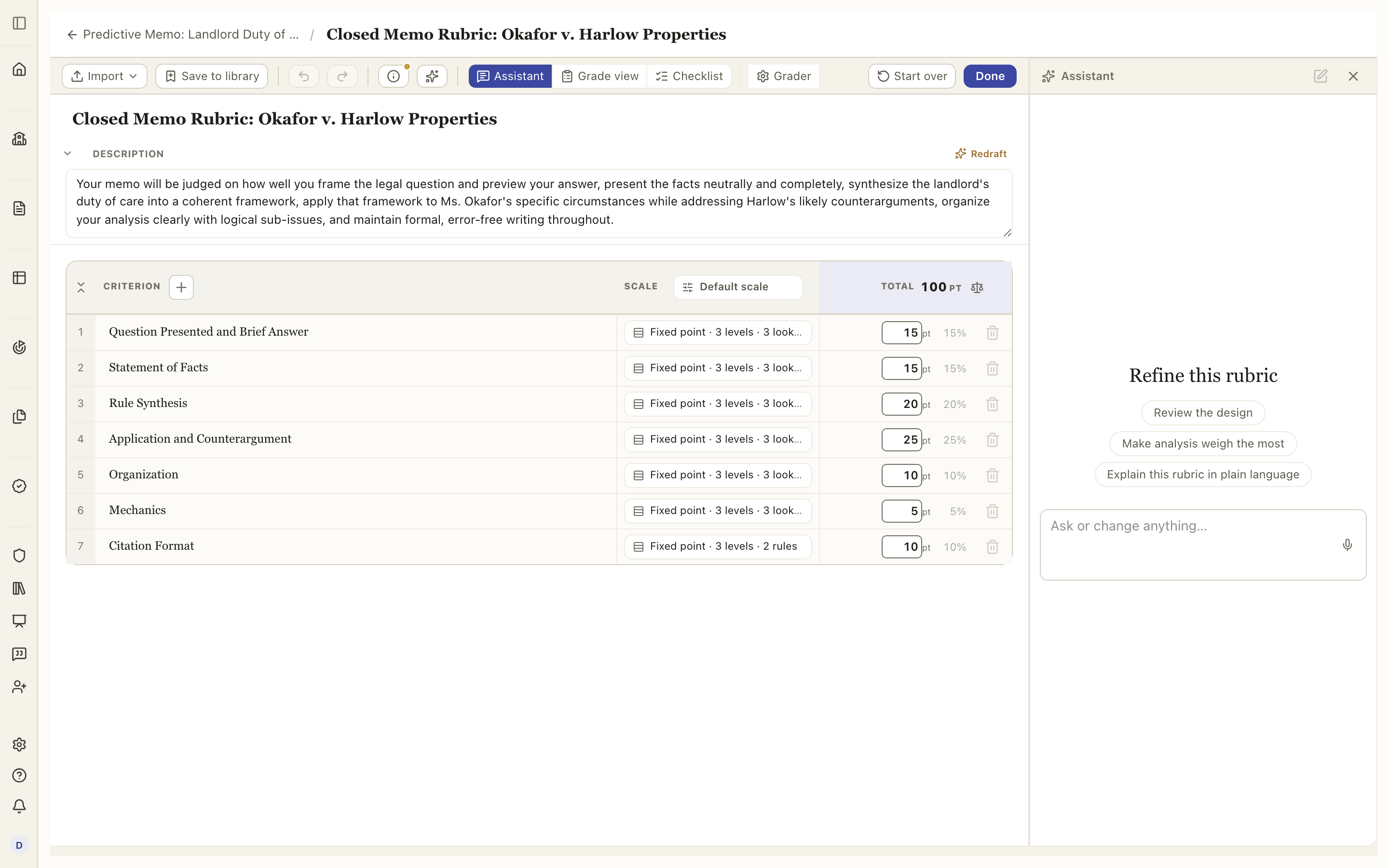 The rubric builder's Assistant, docked on the right with its opening chips.