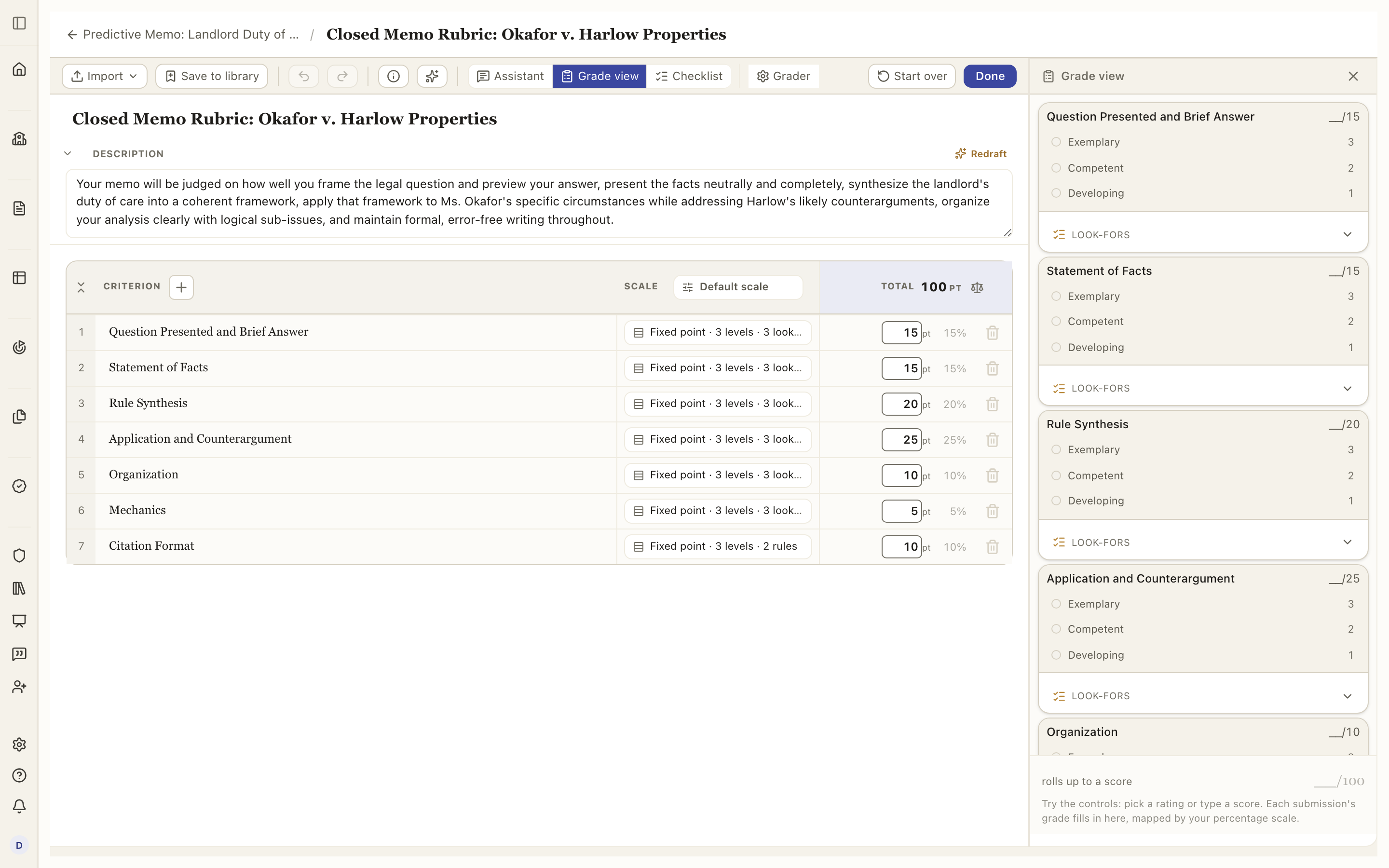 Grade view: the rubric as it will appear on the grading page's rail.
