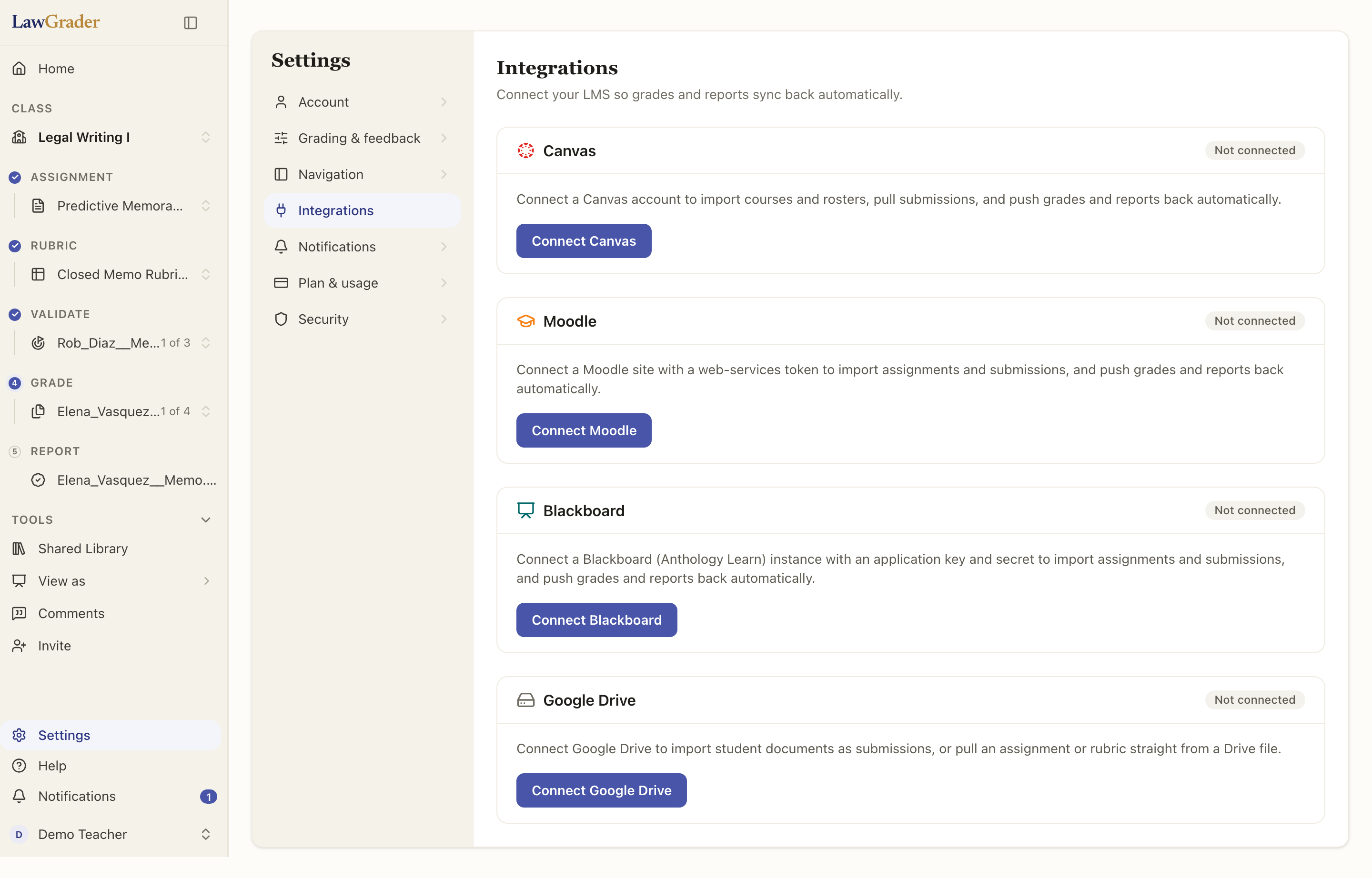 Settings, then Integrations: one card per connection, each with its Connect button.