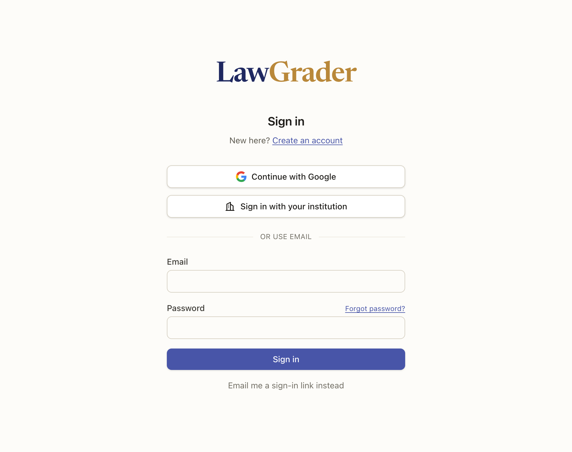 The sign-in page: email and password, with the other ways in underneath.