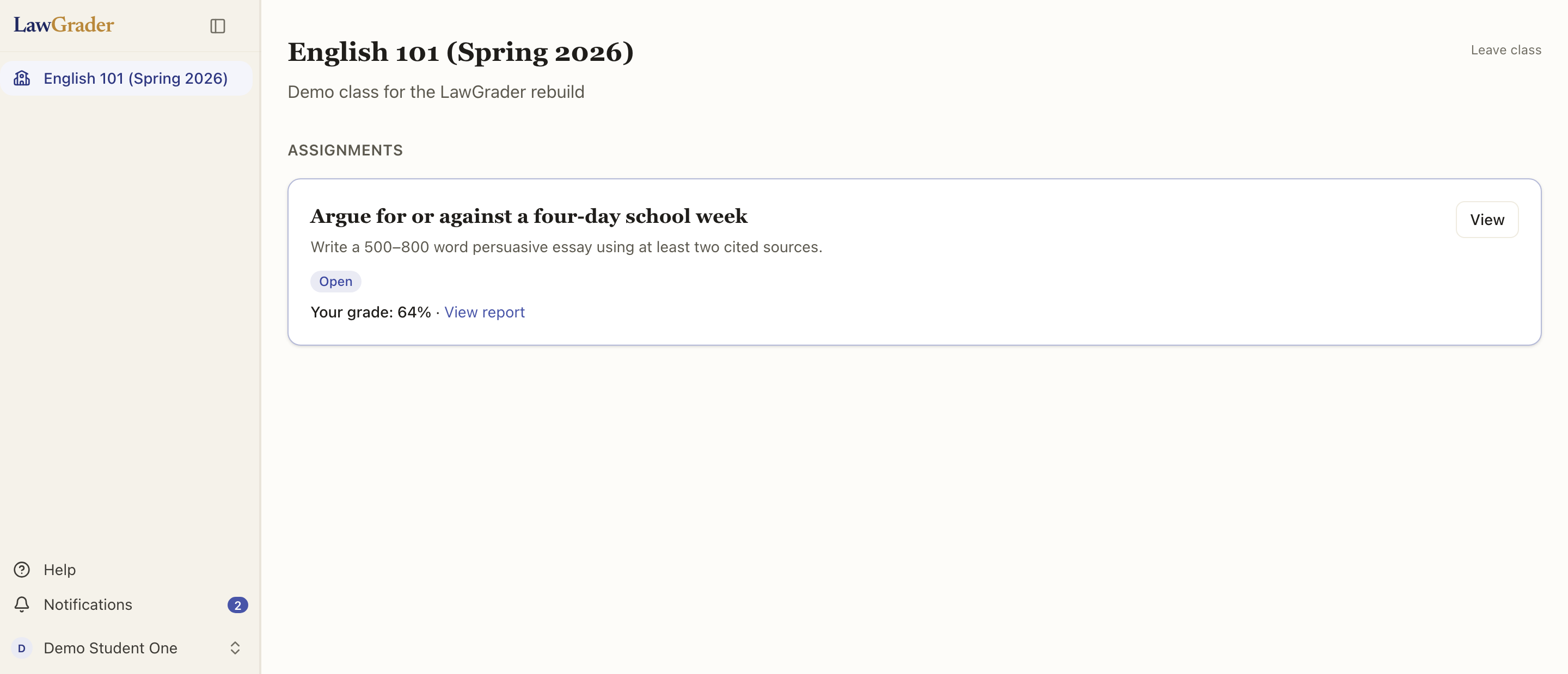 A student's class: each assignment with its status and, once released, the grade and a link to the report.