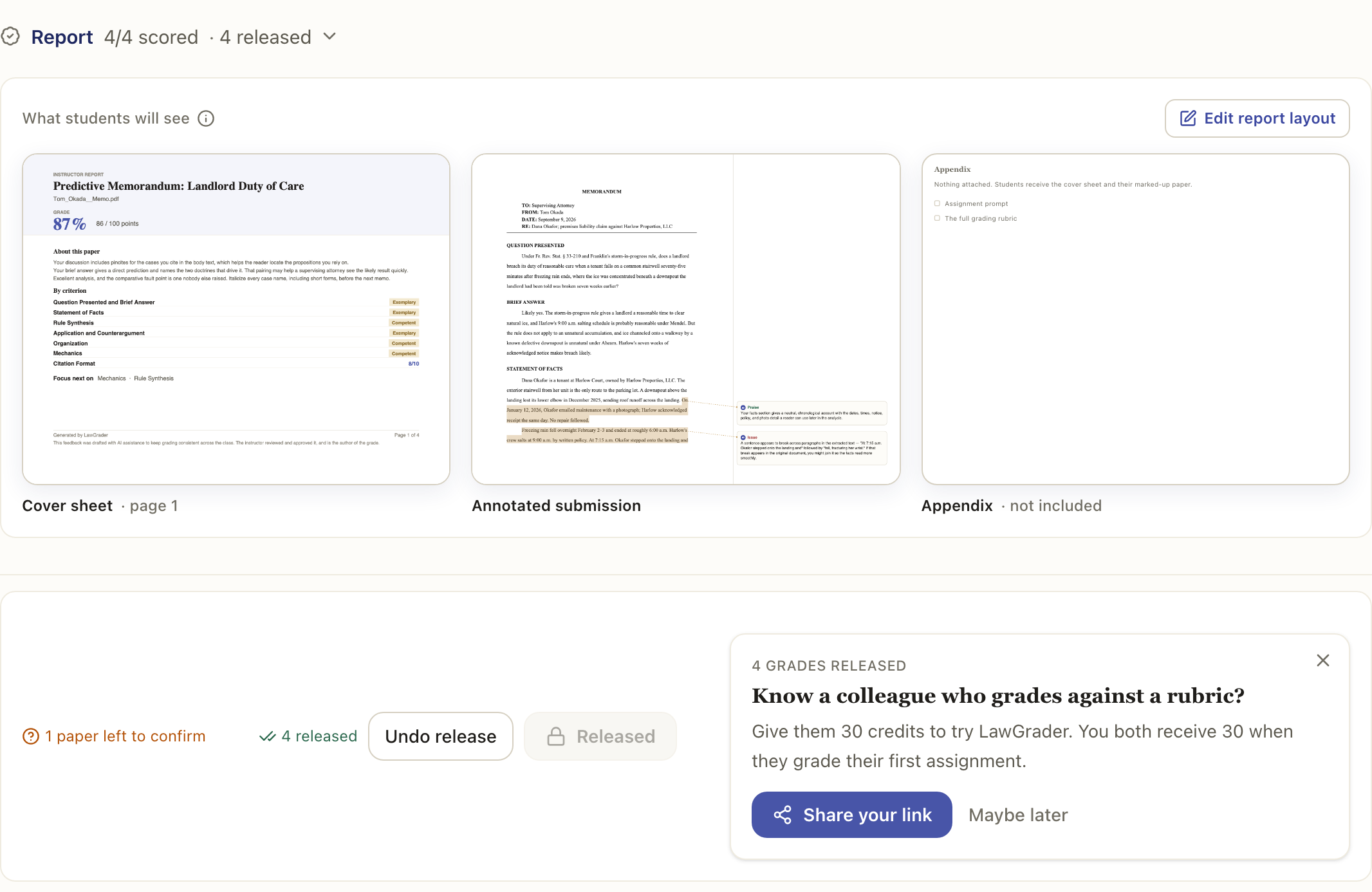 The Report step after release: what students will see, the count released, and Undo release.