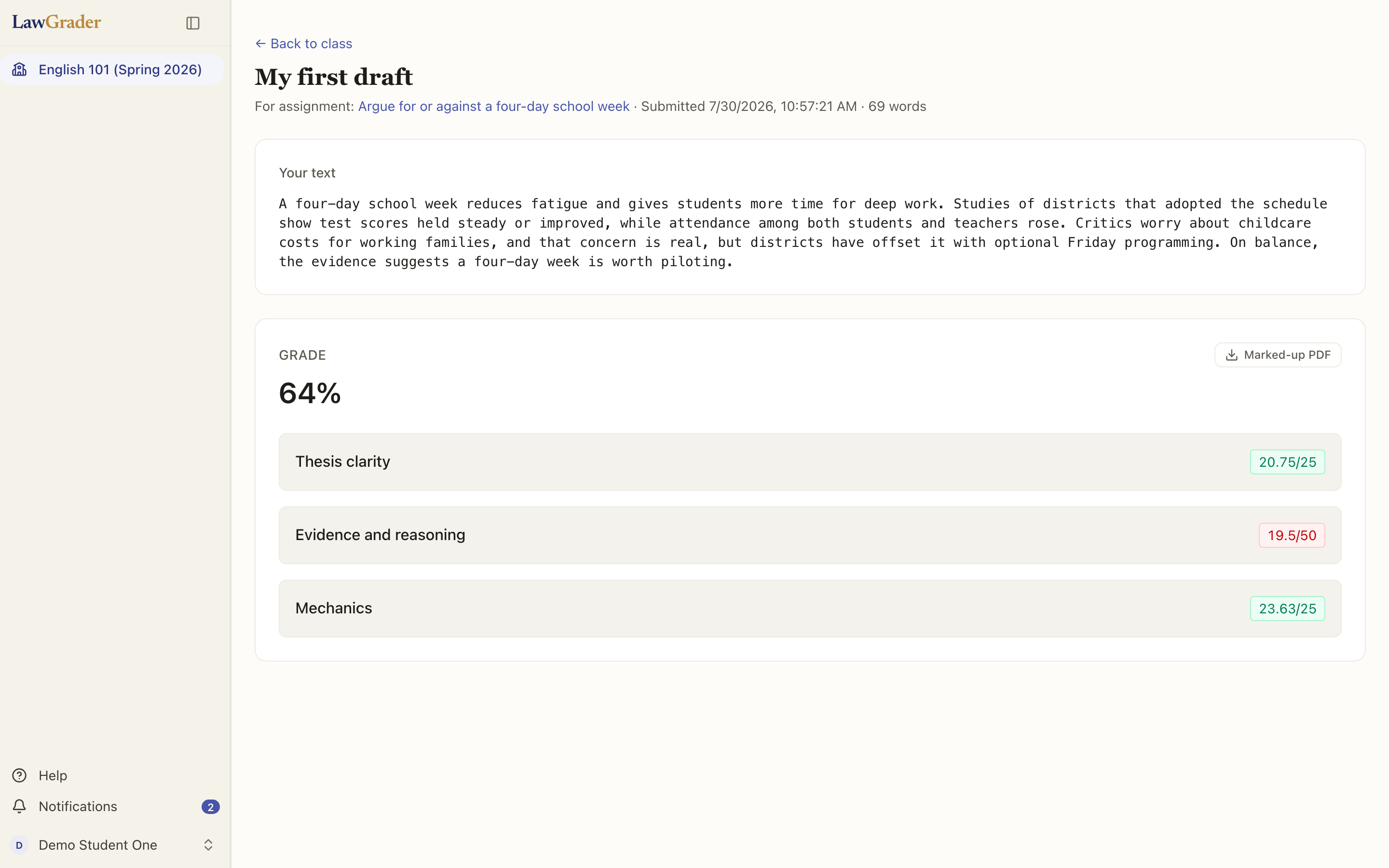 Your submission page after release: the grade, each criterion's score, and the marked-up PDF to open or download.