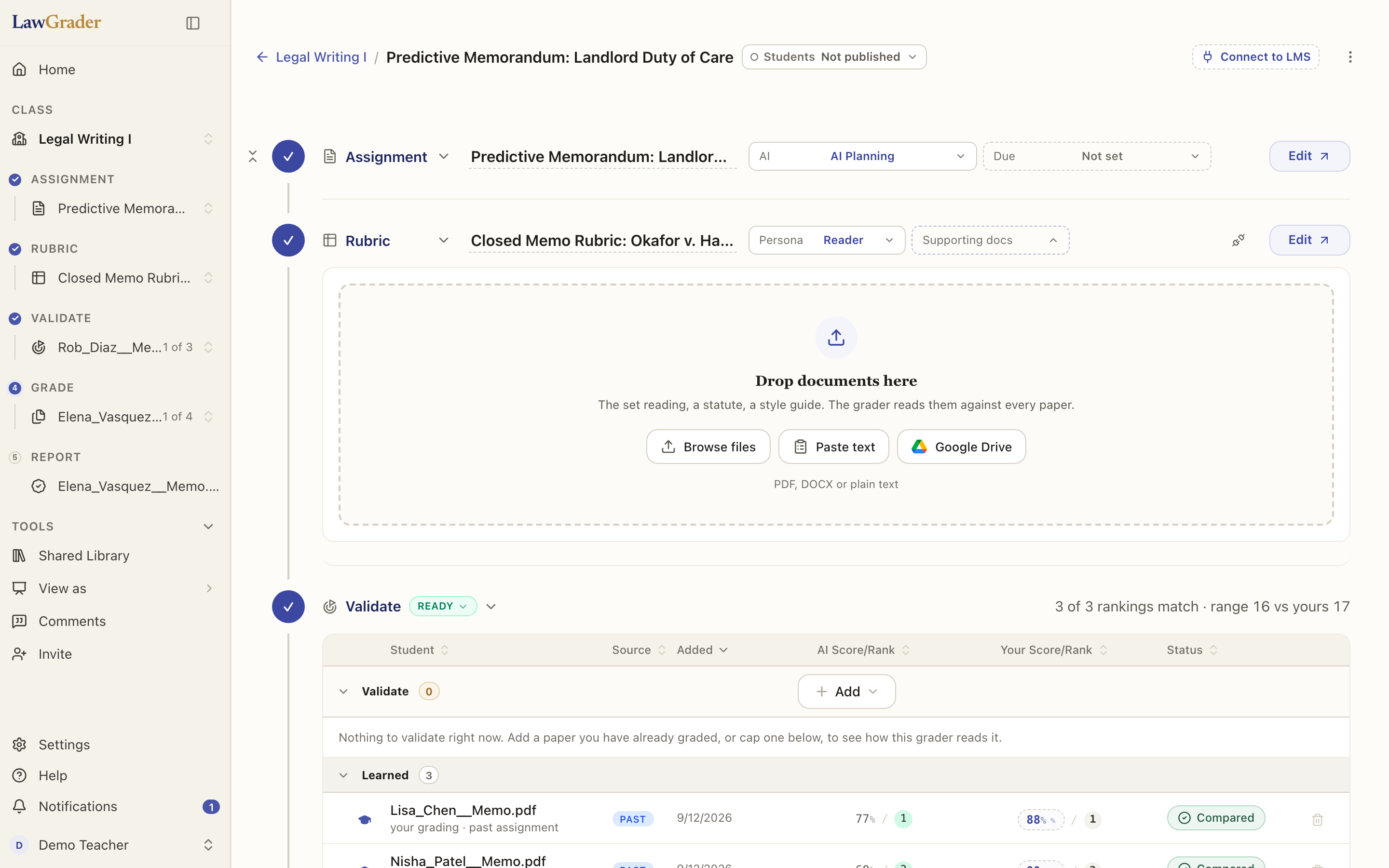 Supporting docs, open under the Rubric row: drop a file, paste text, or pick from Google Drive.