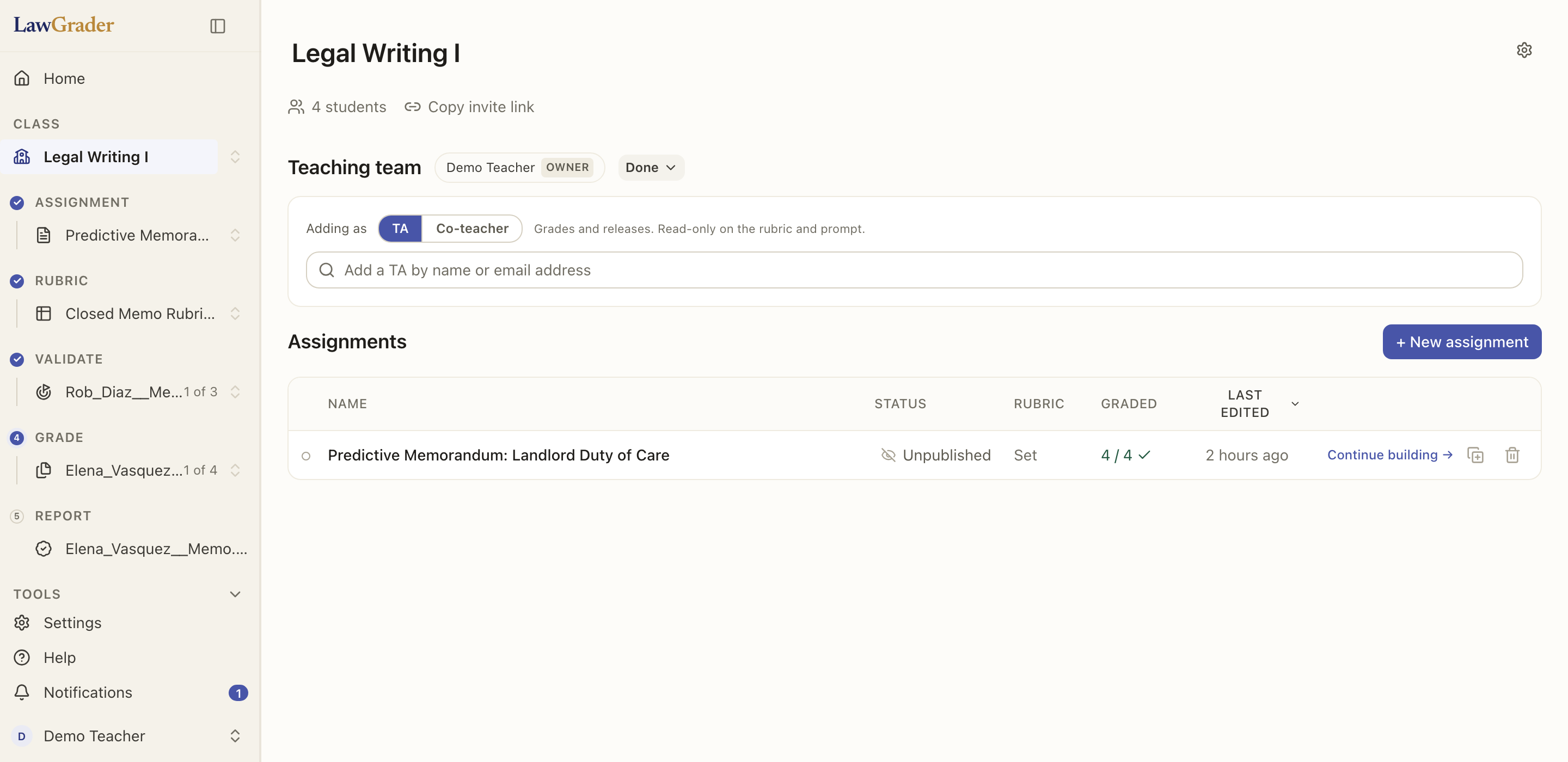 Teaching team on the class page with Manage open: pick a role, then search a name or type an email.