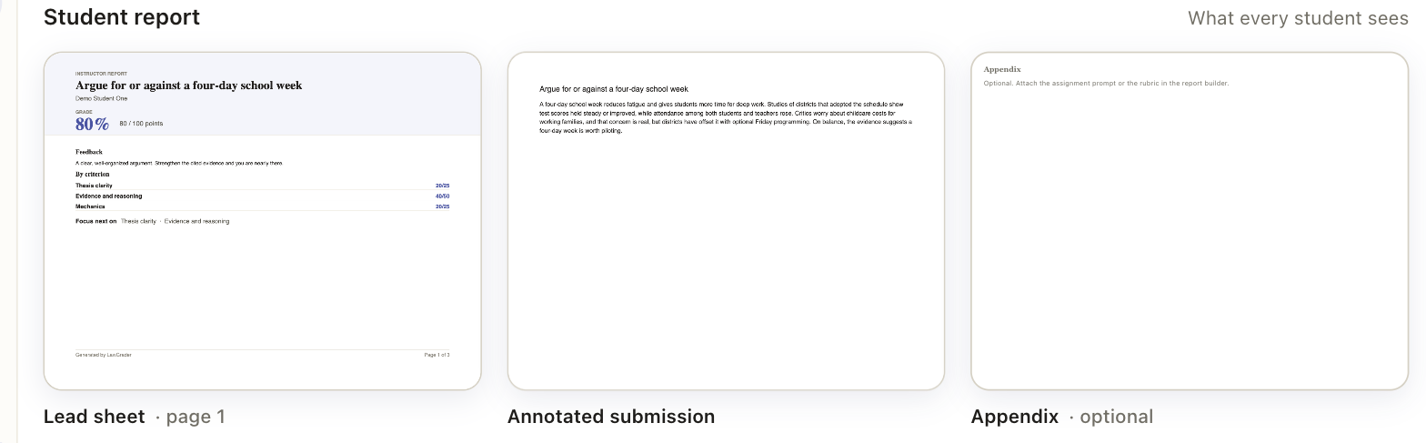 A student's report: a lead sheet with the grade and per-criterion scores, the annotated submission, and an optional appendix.
